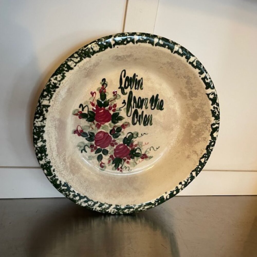 Vintage East Texas Pottery Spongeware Pie Plate 'Love from the Oven' floral 11"
